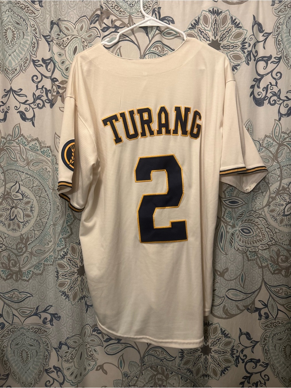 Men's Cream Milwaukee Brewers Baseball Jersey with Navy Number 2 - Brice Turang